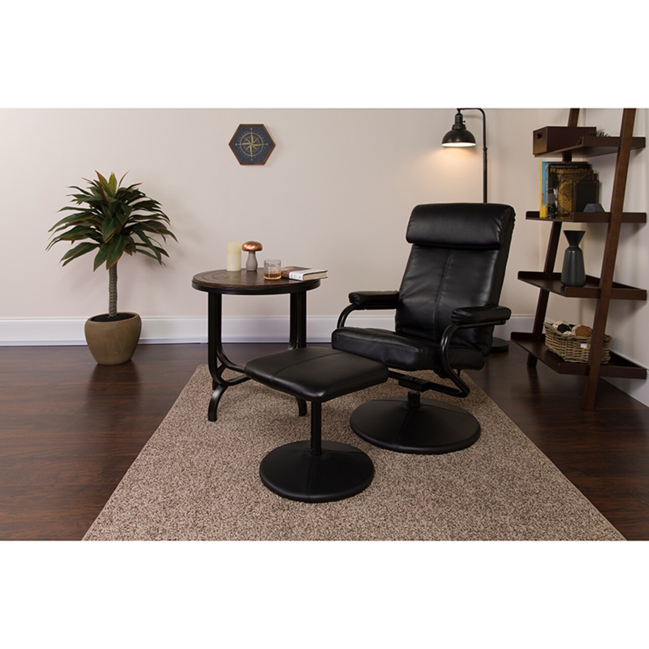 Flash Furniture Contemporary Multi-Position Headrest Recliner and Ottoman with Wrapped Base in Black LeatherSoft